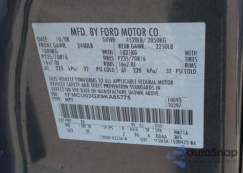 2009 Ford Escape Xlt z USA, uszkodzony, nr VIN 1FMCU03GX9KA85775